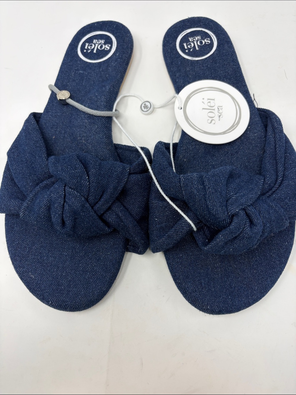 Solei Sea Dark Blue Denim Knotted Slide Sandals Size 8 Brand New W/Tags